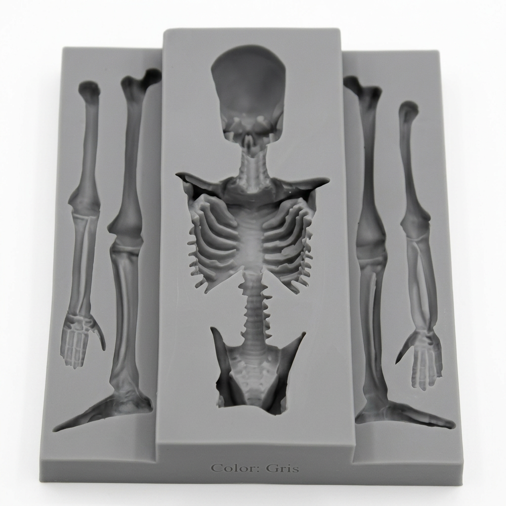 Molde de silicona gris Vallia Repostería con diseño detallado de esqueleto humano para repostería y manualidades