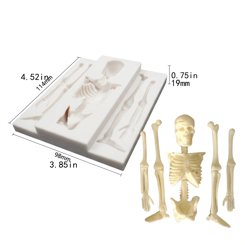 Molde de silicona gris Vallia Repostería para repostería con diseño detallado de esqueleto humano y medidas técnicas