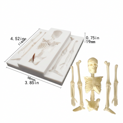 Molde de silicona gris Vallia Repostería para repostería con diseño detallado de esqueleto humano y medidas técnicas