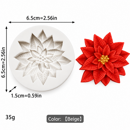 Molde de silicona Vallia Repostería para flor de Pascua con medidas detalladas y ejemplo de diseño terminado en rojo.