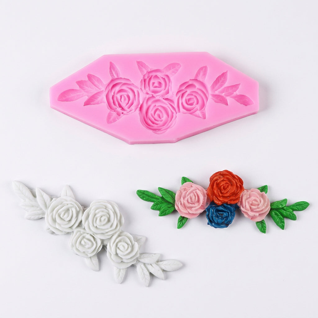 Molde de silicona Vallia Repostería rosa con diseño de cuatro rosas y hojas para decorar pasteles y manualidades