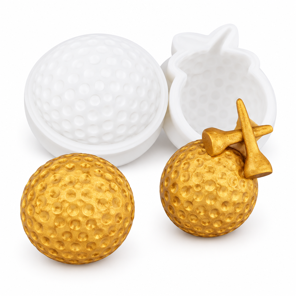 Molde de silicona Vallia Repostería para fondant con diseño de pelotas de golf y tees en color blanco y dorado