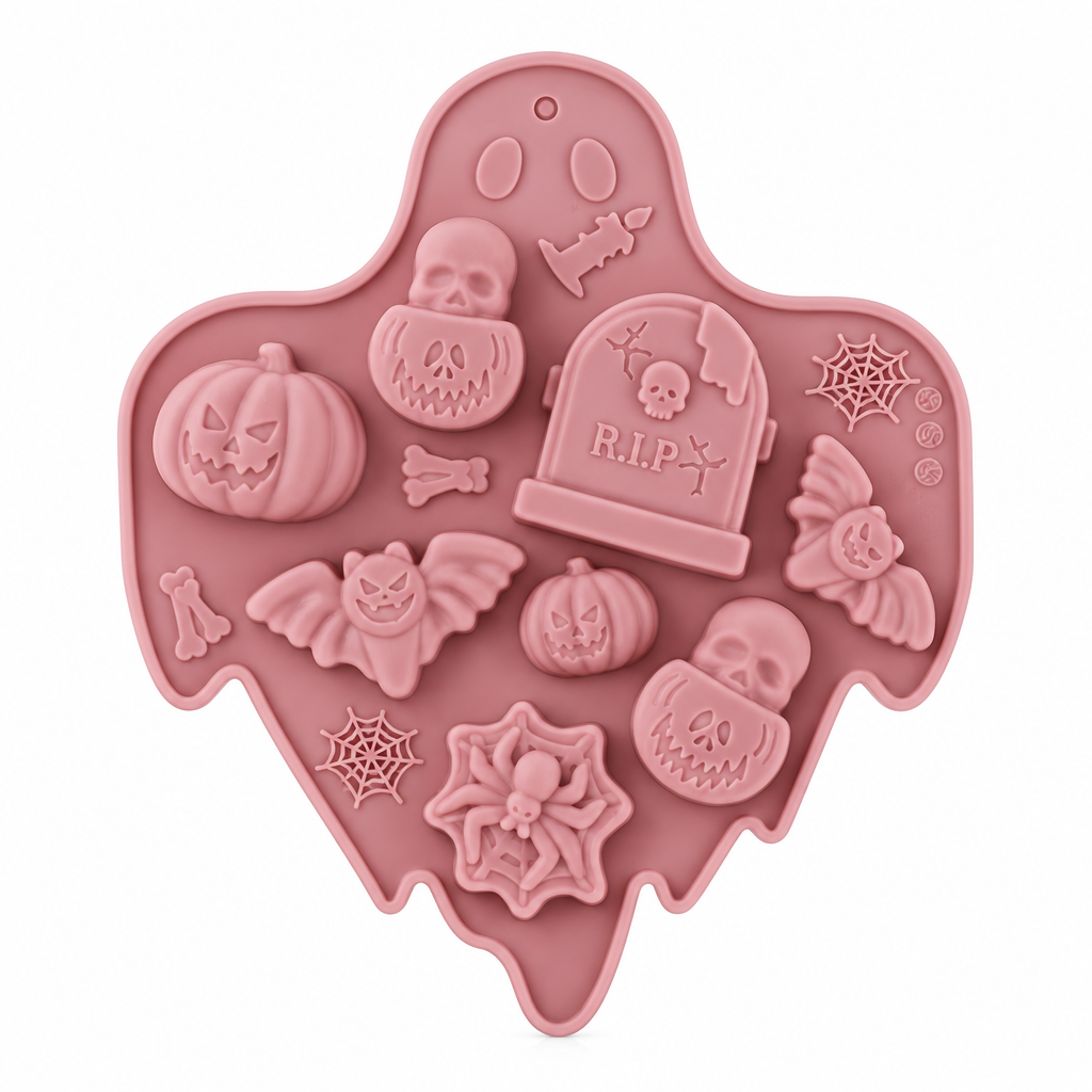 Molde de silicona Vallia Repostería color rosa con figuras de Halloween como calabazas, calaveras y murciélagos