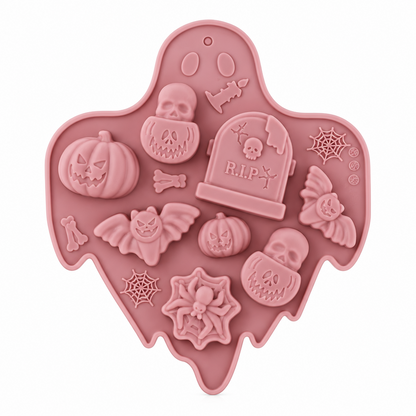 Molde de silicona Vallia Repostería color rosa con figuras de Halloween como calabazas, calaveras y murciélagos
