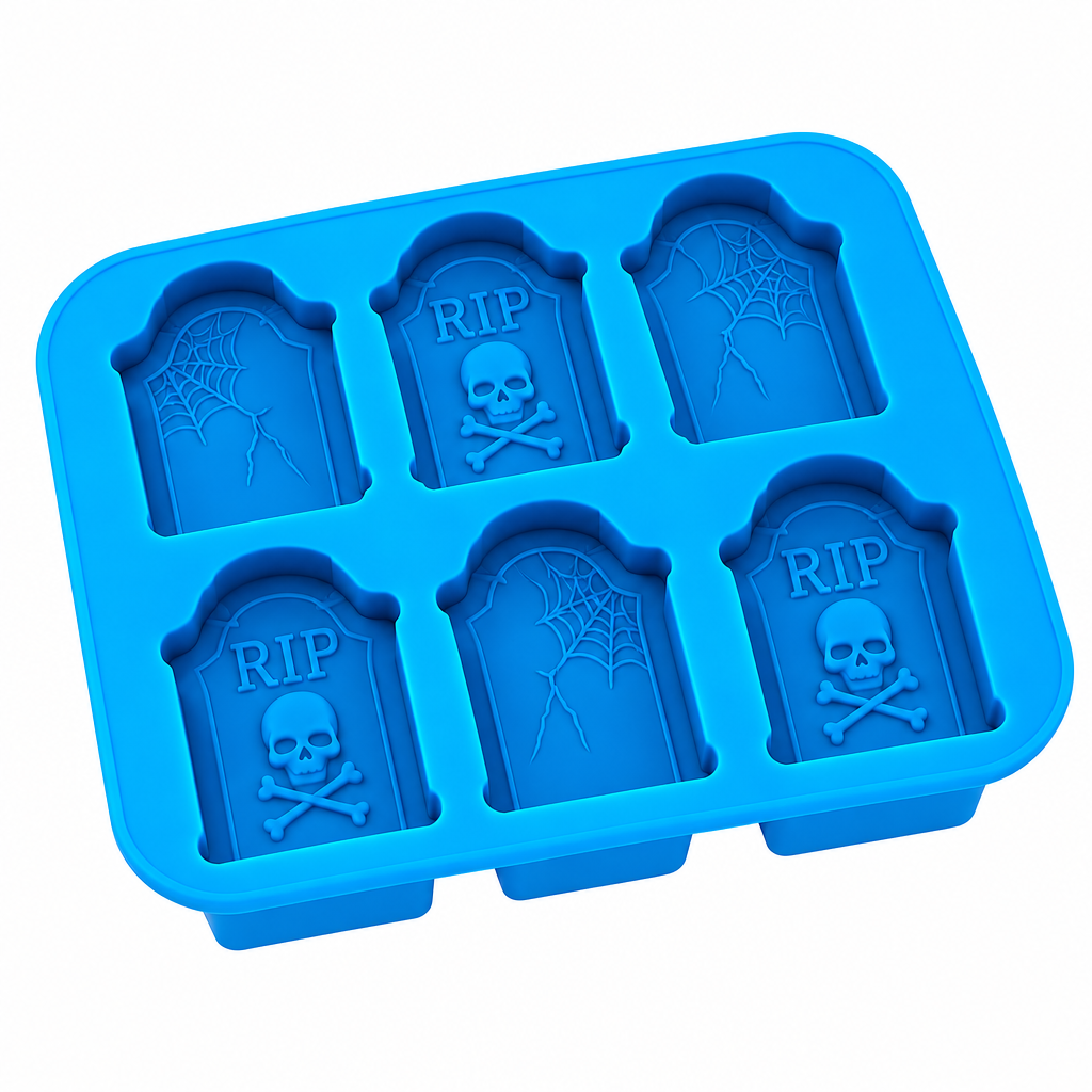 Molde de silicona azul Vallia Repostería para chocolates y postres con formas de lápidas detalladas de Halloween