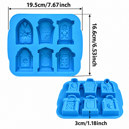 Molde de silicona azul Vallia Repostería con seis cavidades de lápidas para repostería temática de Halloween