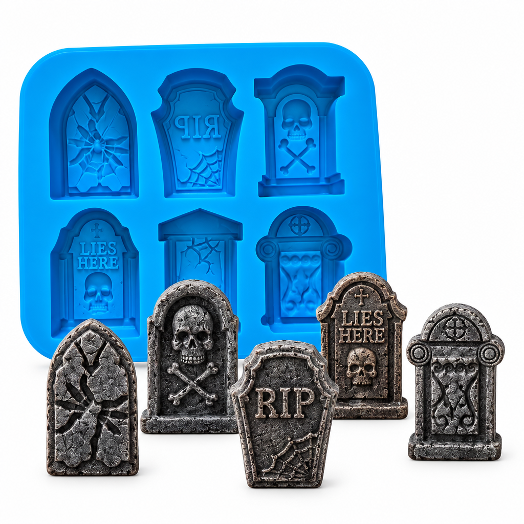 Molde de silicona azul Vallia Repostería para repostería con diseños de lápidas de Halloween y figuras terminadas