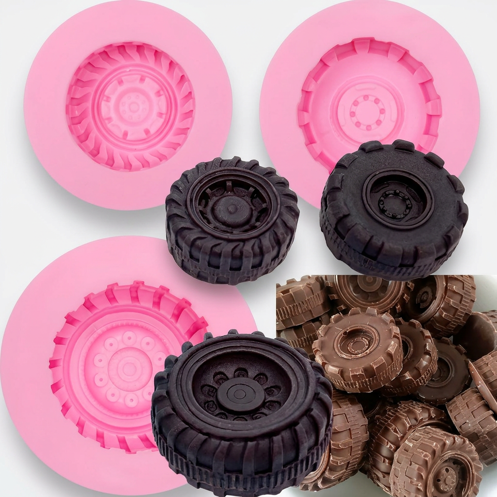 Molde de silicona rosa Vallia Repostería con diseño de llantas para decorar pasteles, fondant y chocolate