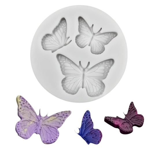 Molde de silicona Vallia Repostería con tres diseños de mariposas detalladas para fondant, chocolate y manualidades.