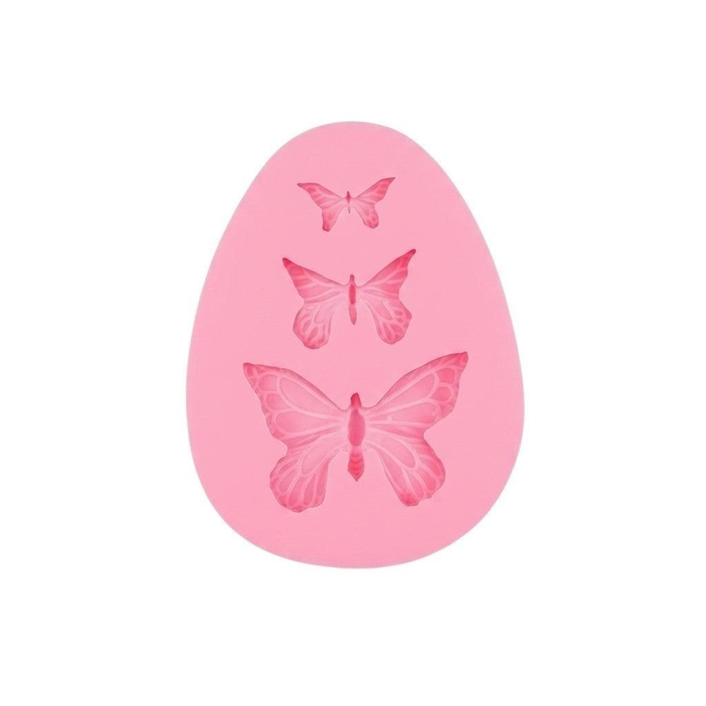 Molde de silicona rosa Vallia Repostería con tres cavidades de mariposas de distintos tamaños para fondant y manualidades