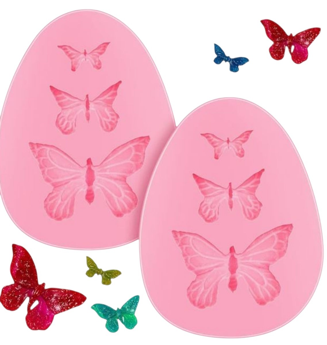 Molde de silicona rosa Vallia Repostería con diseño de mariposas de tres tamaños para fondant y manualidades.