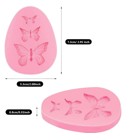 Molde de silicona rosa Vallia Repostería con tres cavidades de mariposas para fondant, chocolate o manualidades.
