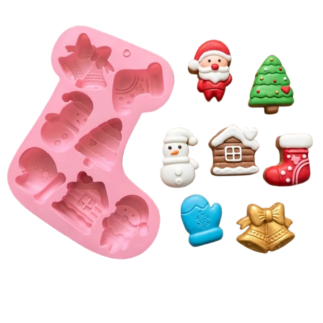 Molde de silicona rosa Vallia Repostería con figuras navideñas como Santa, árboles y campanas para repostería creativa