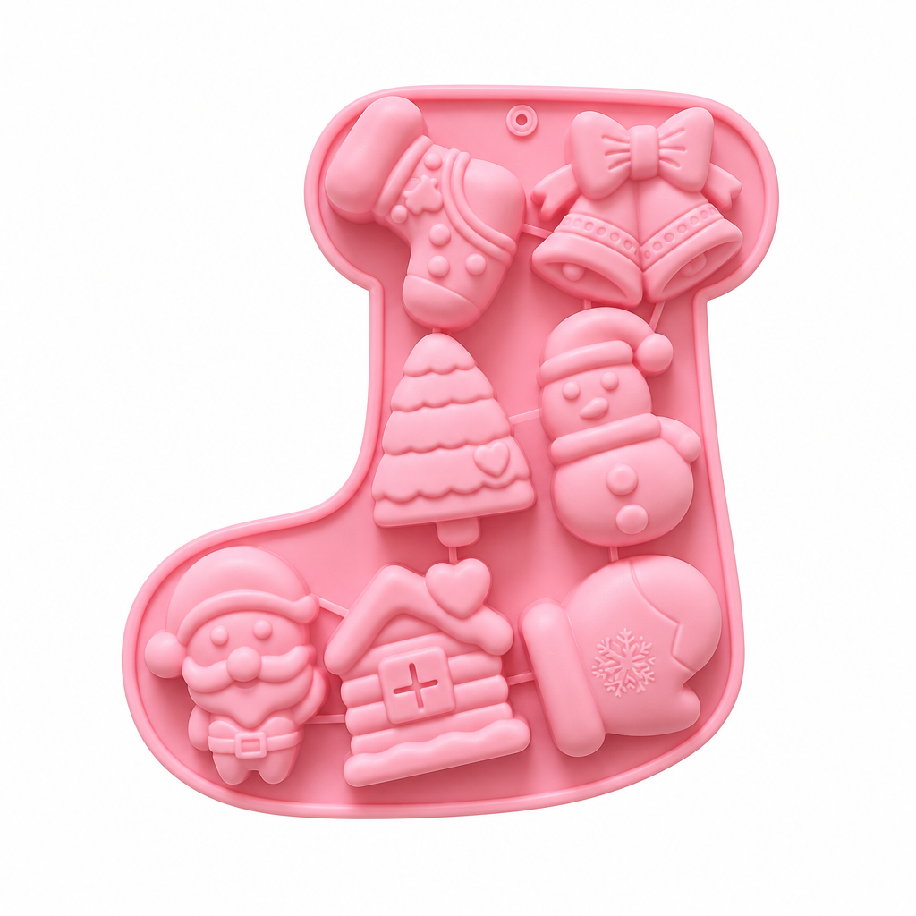 Molde de silicona rosa Vallia Repostería con figuras navideñas como Santa, árboles y muñecos de nieve para repostería.