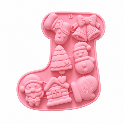 Molde de silicona rosa Vallia Repostería con figuras navideñas como Santa, árboles y muñecos de nieve para repostería.