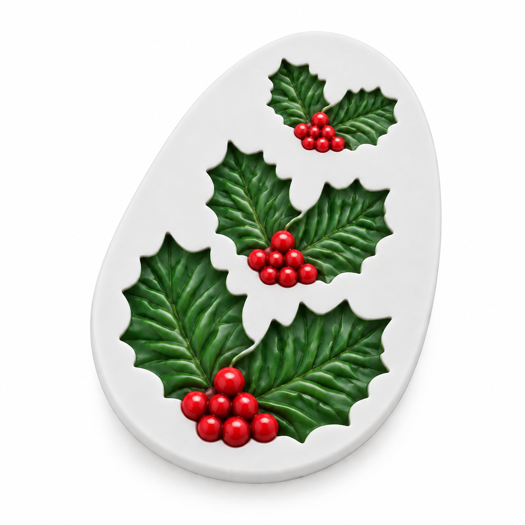 Molde de silicona Vallia Repostería blanco con diseño de hojas de acebo y bayas para decorar postres navideños