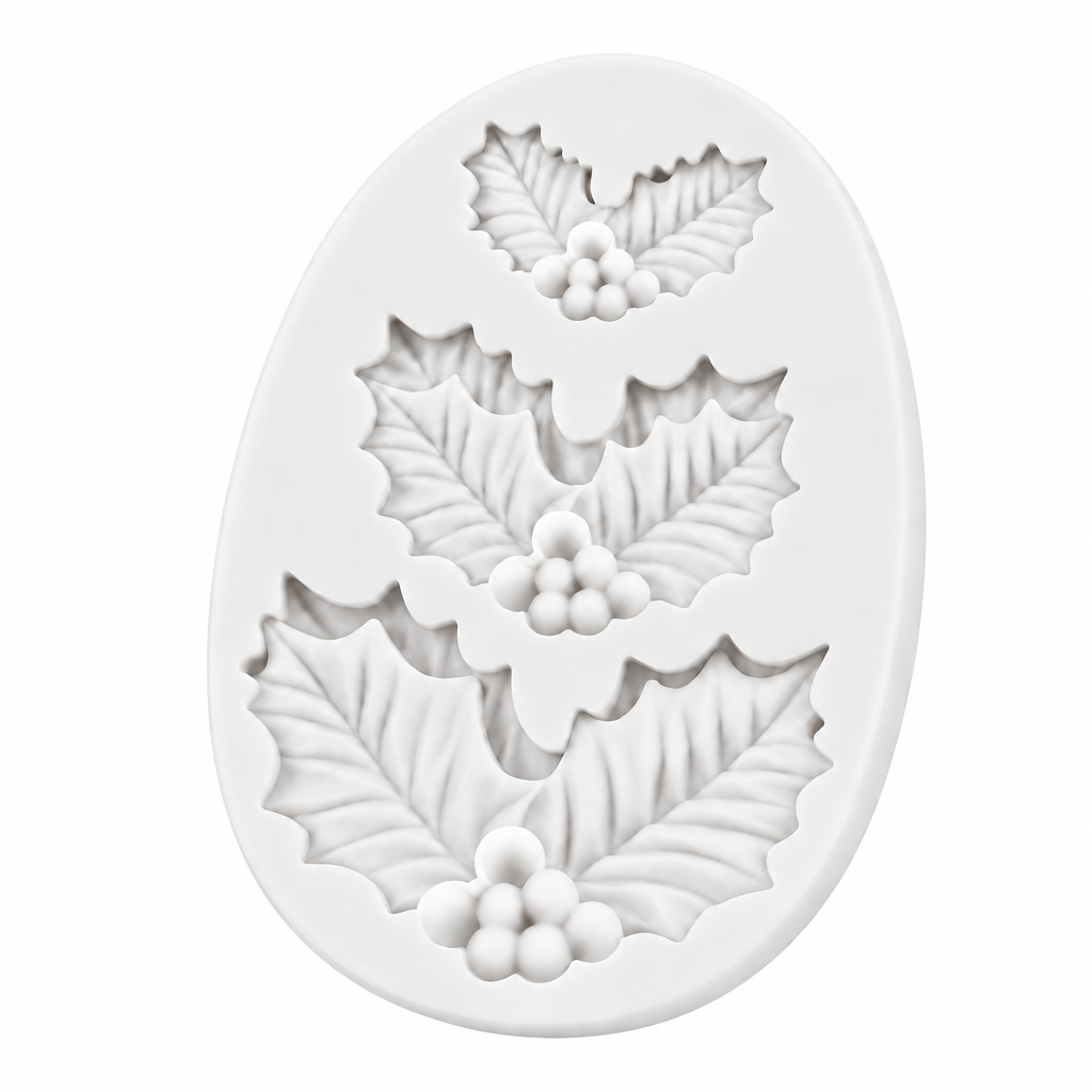 Molde de silicona Vallia Repostería blanco con diseño de hojas de acebo y bayas para decorar postres navideños