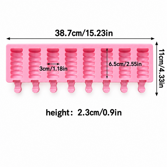 Molde de silicona rosa Vallia Repostería para paletas heladas con medidas detalladas y diseño acanalado