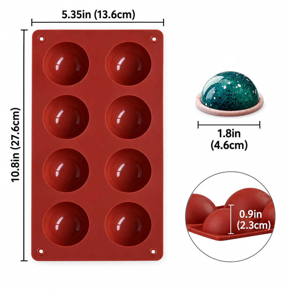moldes de silicona Vallia Repostería para 8 semiesferas con medidas detalladas para repostería profesional.