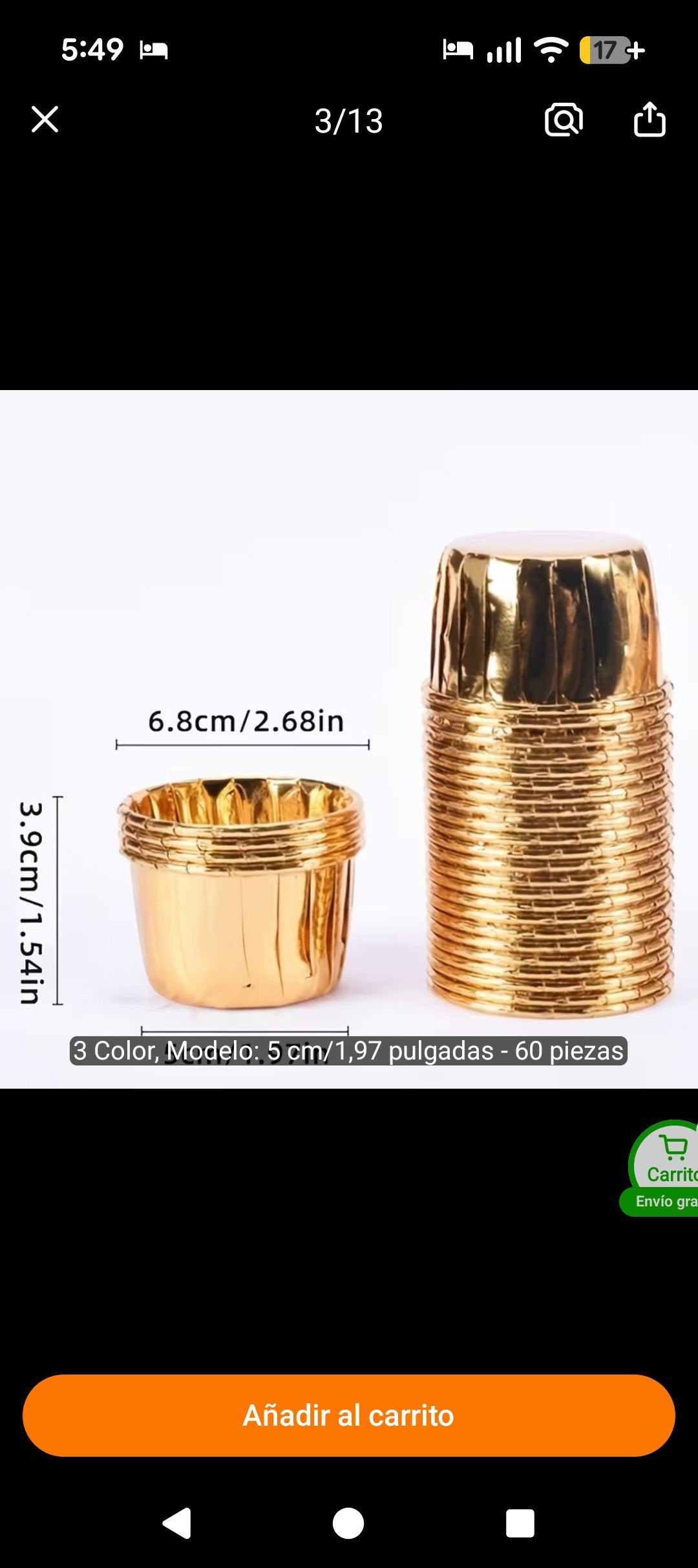 moldes de aluminio dorados Vallia Repostería para cupcakes y postres individuales con medidas detalladas
