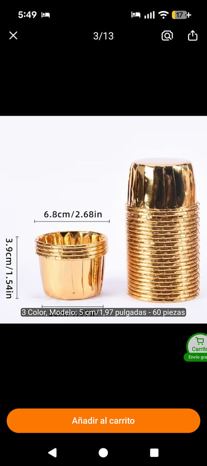 moldes de aluminio dorados Vallia Repostería para cupcakes y postres individuales con medidas detalladas