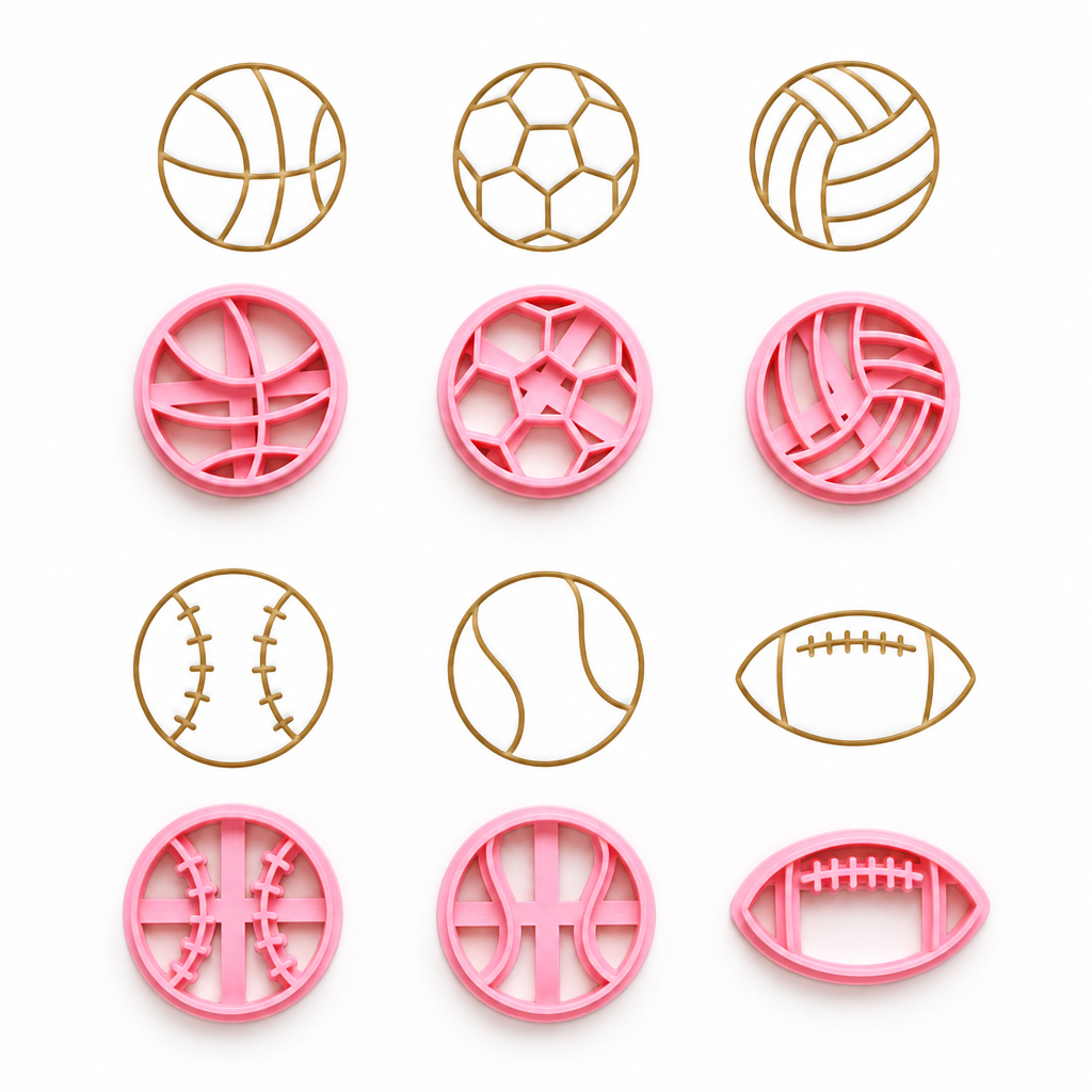 Set de moldes Vallia Repostería de plástico rosa para galletas y fondant con formas de seis balones deportivos.