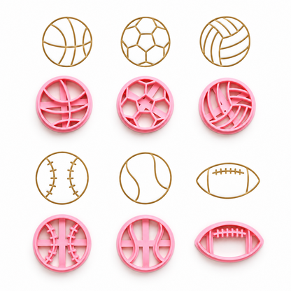 Set de moldes Vallia Repostería de plástico rosa para galletas y fondant con formas de seis balones deportivos.