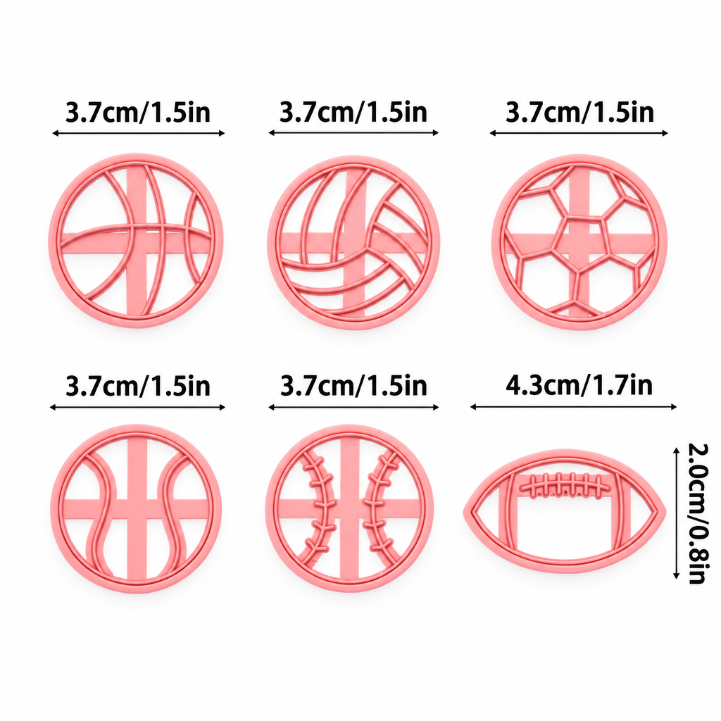 Set de moldes Vallia Repostería para galletas y fondant con formas de balones deportivos, medidas detalladas incluidas.