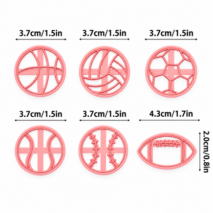Set de moldes Vallia Repostería para galletas y fondant con formas de balones deportivos, medidas detalladas incluidas.