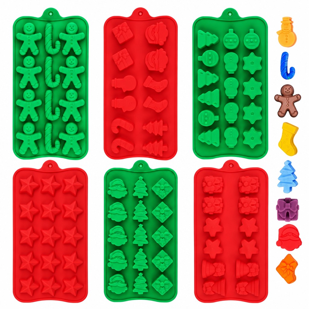 Kit de 6 moldes de silicona Vallia Repostería con figuras navideñas en colores rojo y verde para repostería festiva.