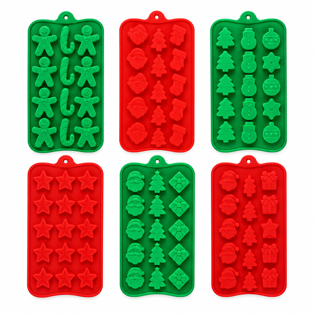 Set de 6 moldes de silicona Vallia Repostería para repostería navideña con figuras festivas en colores rojo y verde