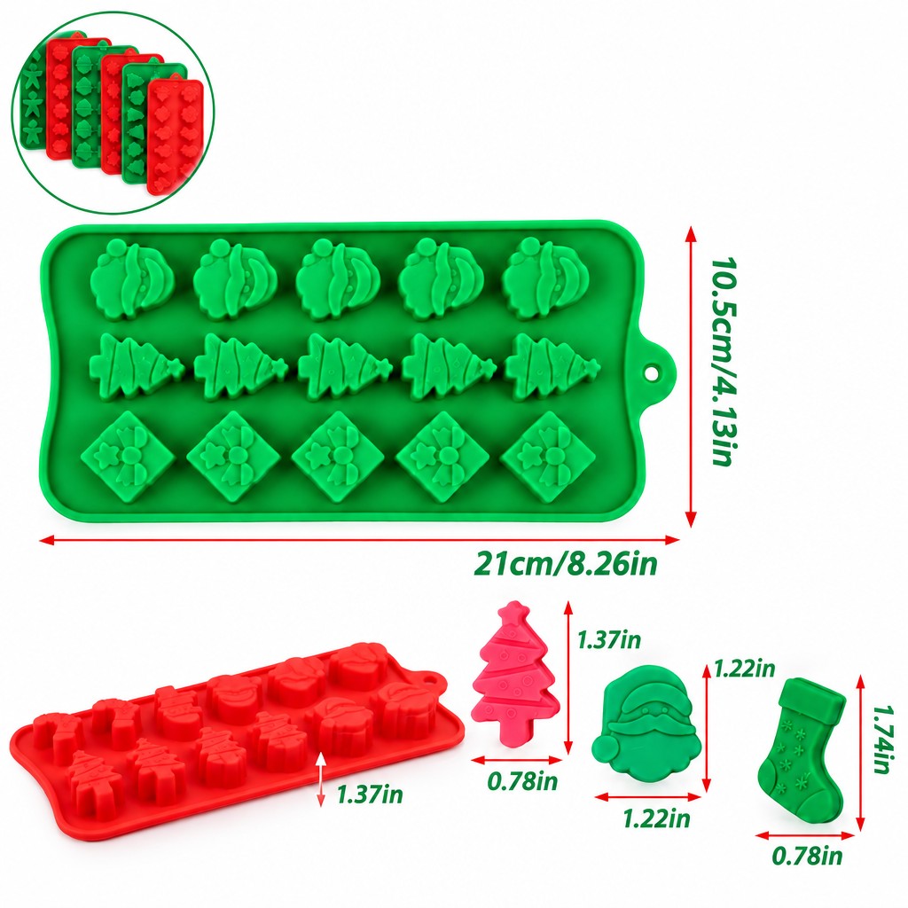 Kit de 6 moldes de silicona Vallia Repostería con diseños navideños como árboles, Papá Noel y botas en rojo y verde