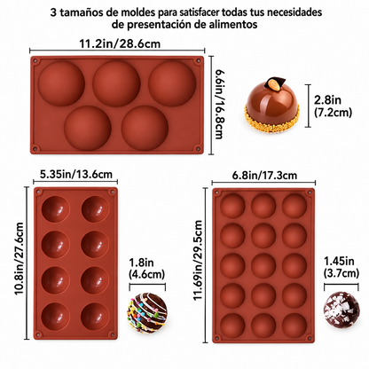 moldes de silicona Vallia Repostería para repostería con tres tamaños de semiesferas y medidas detalladas.
