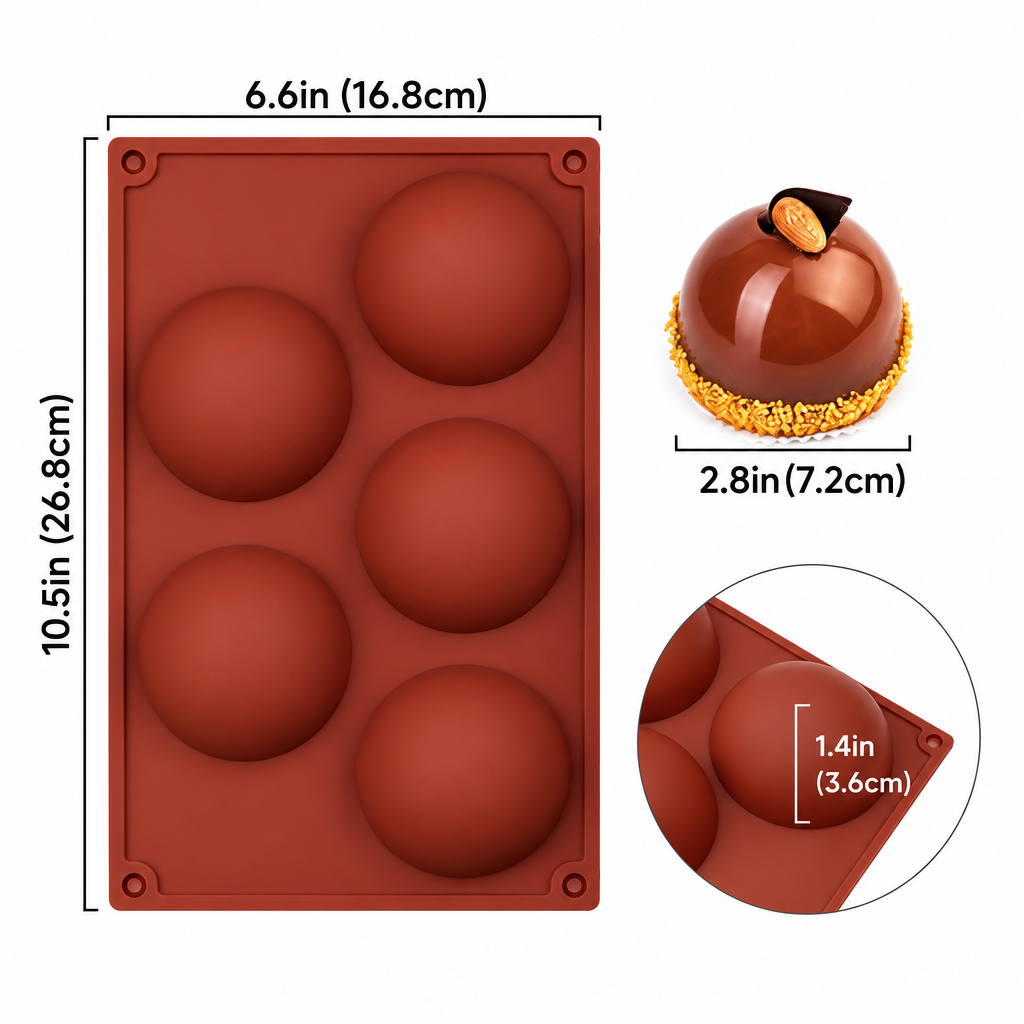 moldes de silicona Vallia Repostería para repostería con cavidades semiesféricas y medidas detalladas