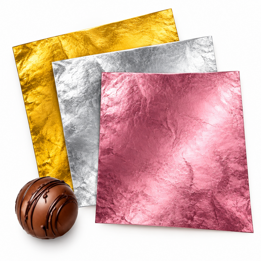 Hojas de papel aluminio Vallia Repostería en oro, plata y oro rosa para envolver chocolates y dulces artesanales.