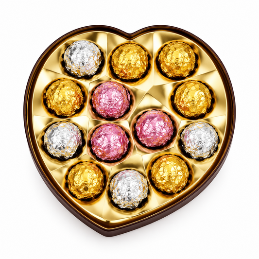 Bombones envueltos en papel aluminio de Vallia Repostería en tonos oro, plata y oro rosa sobre bandeja de corazón