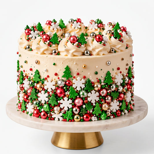 Pastel navideño Vallia Repostería decorado con confites festivos, copos de nieve, abetos y perlas metálicas