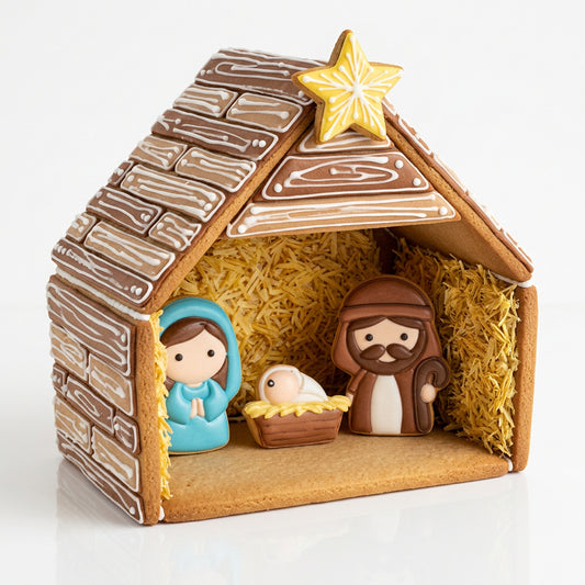 Portal de Belén artesanal de Vallia Repostería hecho con galletas decoradas con glaseado y forma de pesebre navideño