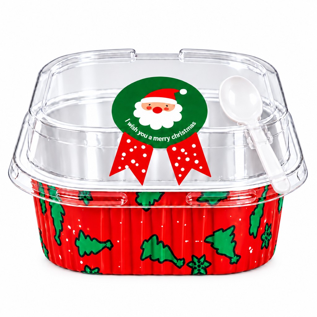 Recipiente navideño Vallia Repostería para postre con tapa, sticker de Santa Claus y cuchara blanca incluida