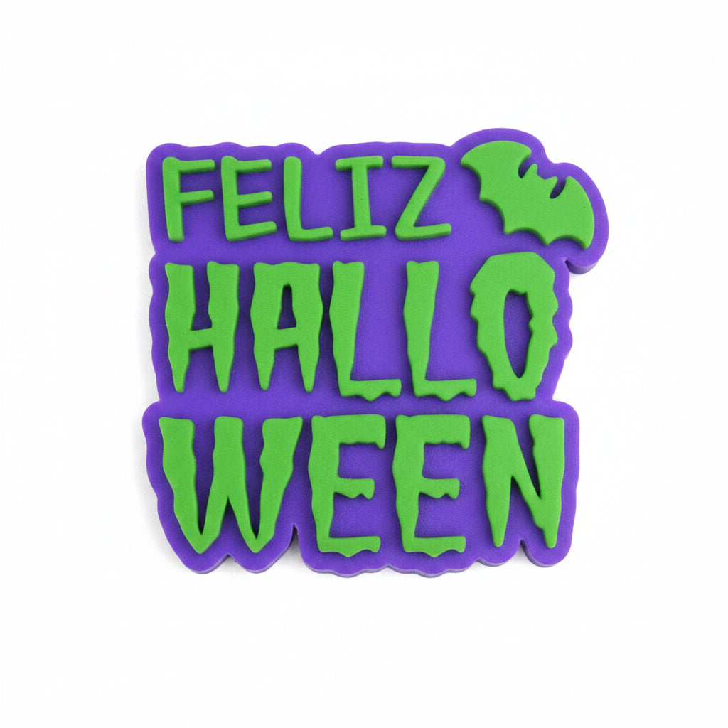 Sello embosser Vallia Repostería de 5.5 cm con la frase Feliz Halloween en relieve para decorar galletas y fondant.