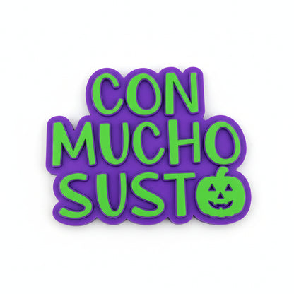 Sello embosser Vallia Repostería para fondant con la frase Con Mucho Susto y una calabaza en relieve color verde