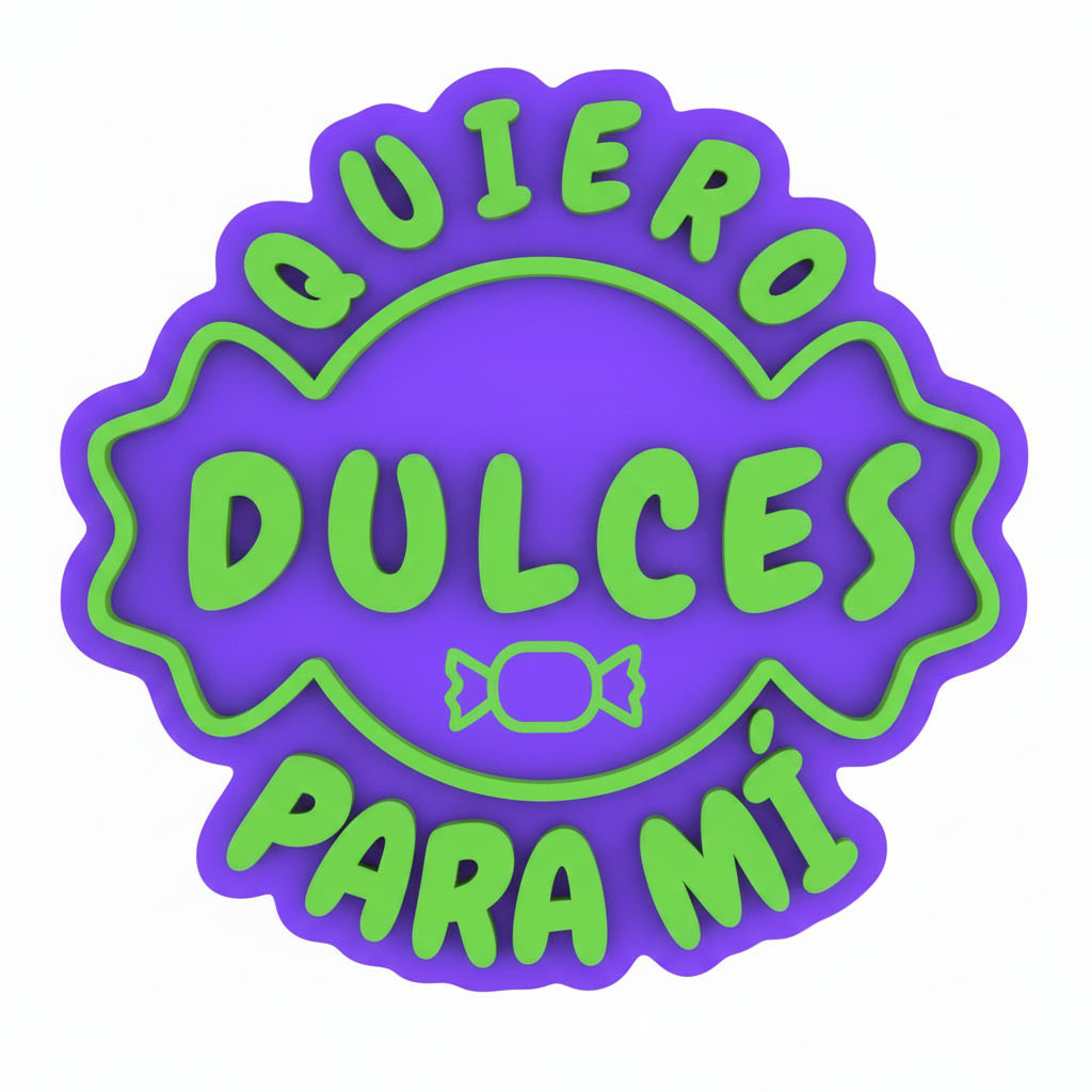 Sello embosser Vallia Repostería para fondant con la frase Quiero Dulces Para Mí en relieve, color morado y verde.