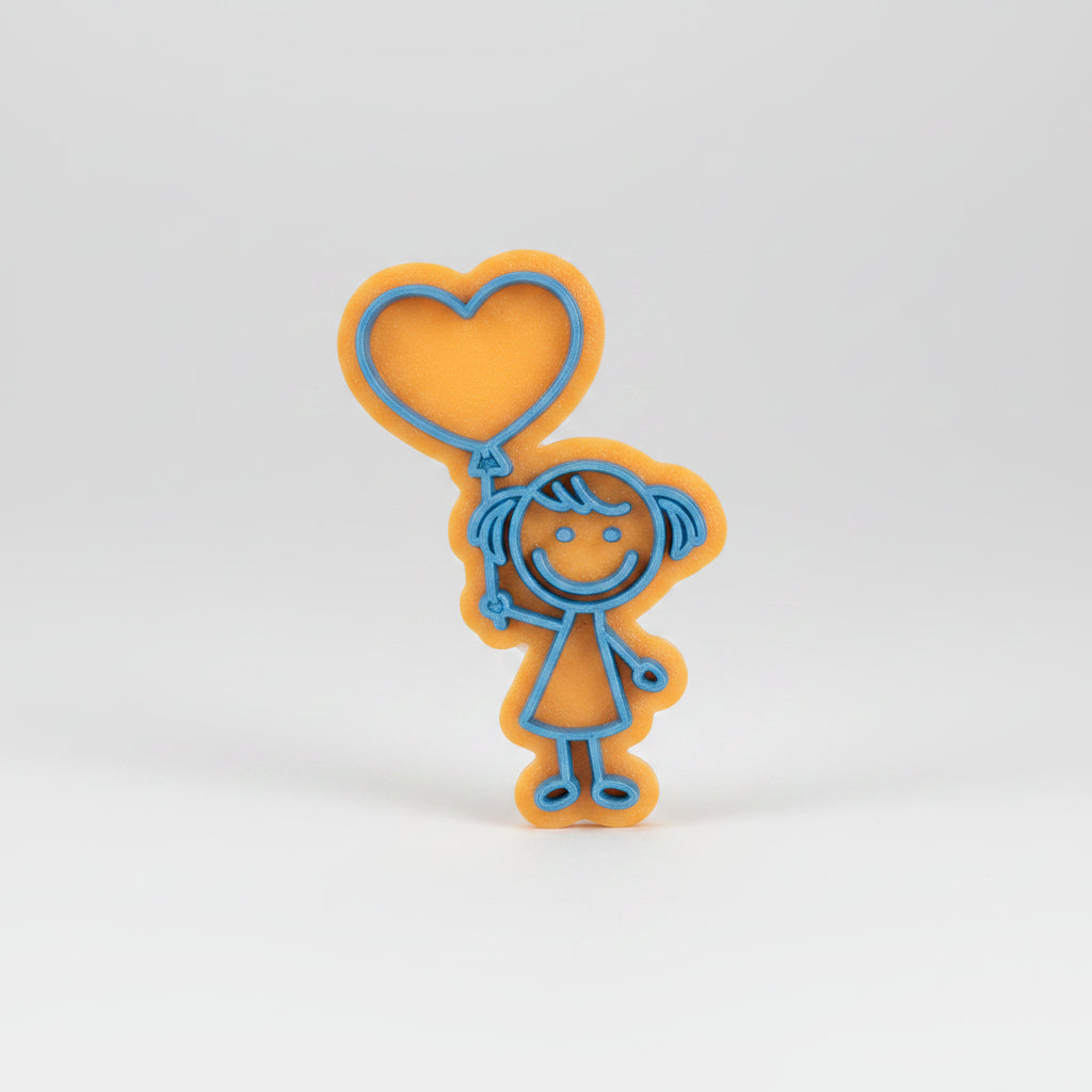 Sello texturizador Vallia Repostería de niña con globo de corazón estilo doodle para fondant y galletas de 5.5 cm