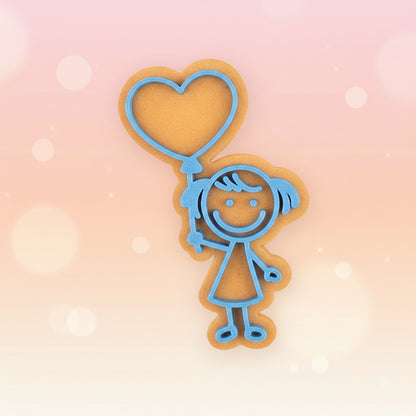 Sello texturizador Vallia Repostería de niña con globo de corazón estilo doodle en plástico PLA para repostería.