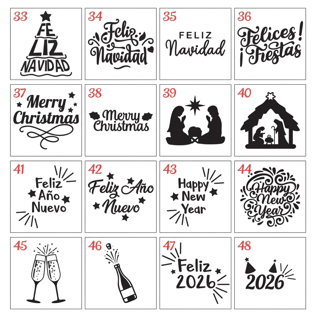 Diseños 33 al 48 de sellos de relieve en acrílico para galletas de Navidad y Año Nuevo, numerados sobre fondo blanco. Los años son ejemplos.