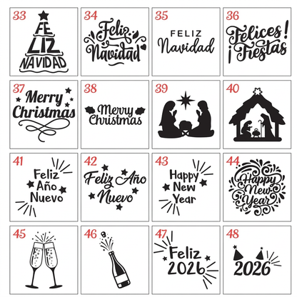 Diseños 33 al 48 de sellos de relieve en acrílico para galletas de Navidad y Año Nuevo, numerados sobre fondo blanco. Los años son ejemplos.