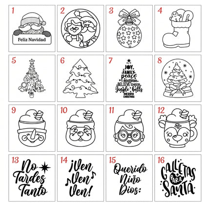 16 sellos marcadores de galletas navideños Vallia Repostería con diseños de Santa, árboles y frases festivas.