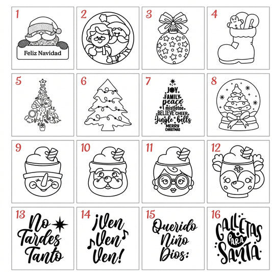 16 sellos marcadores de galletas navideños Vallia Repostería con diseños de Santa, árboles y frases festivas.