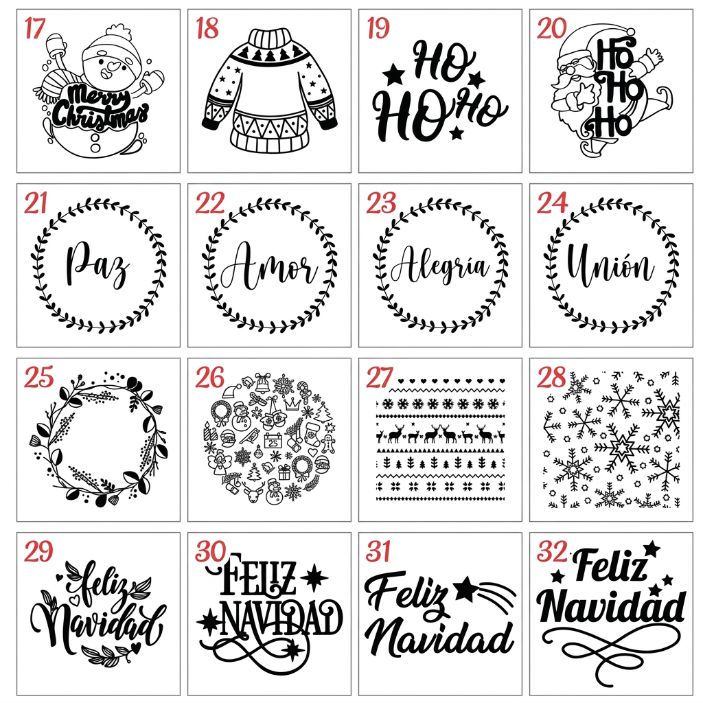 Diseños 17 al 32 de sellos de relieve en acrílico para galletas, con motivos y mensajes navideños numerados sobre fondo blanco.