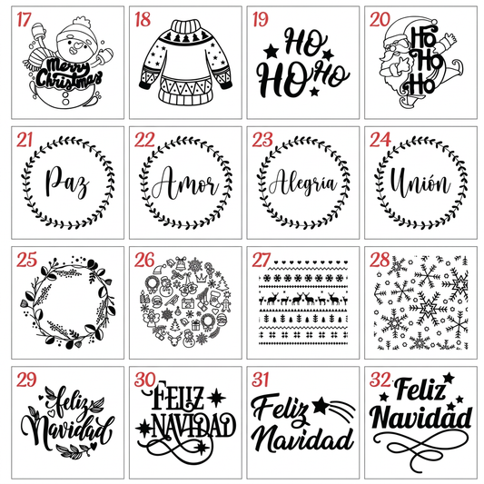 Diseños 17 al 32 de sellos de relieve en acrílico para galletas, con motivos y mensajes navideños numerados sobre fondo blanco.